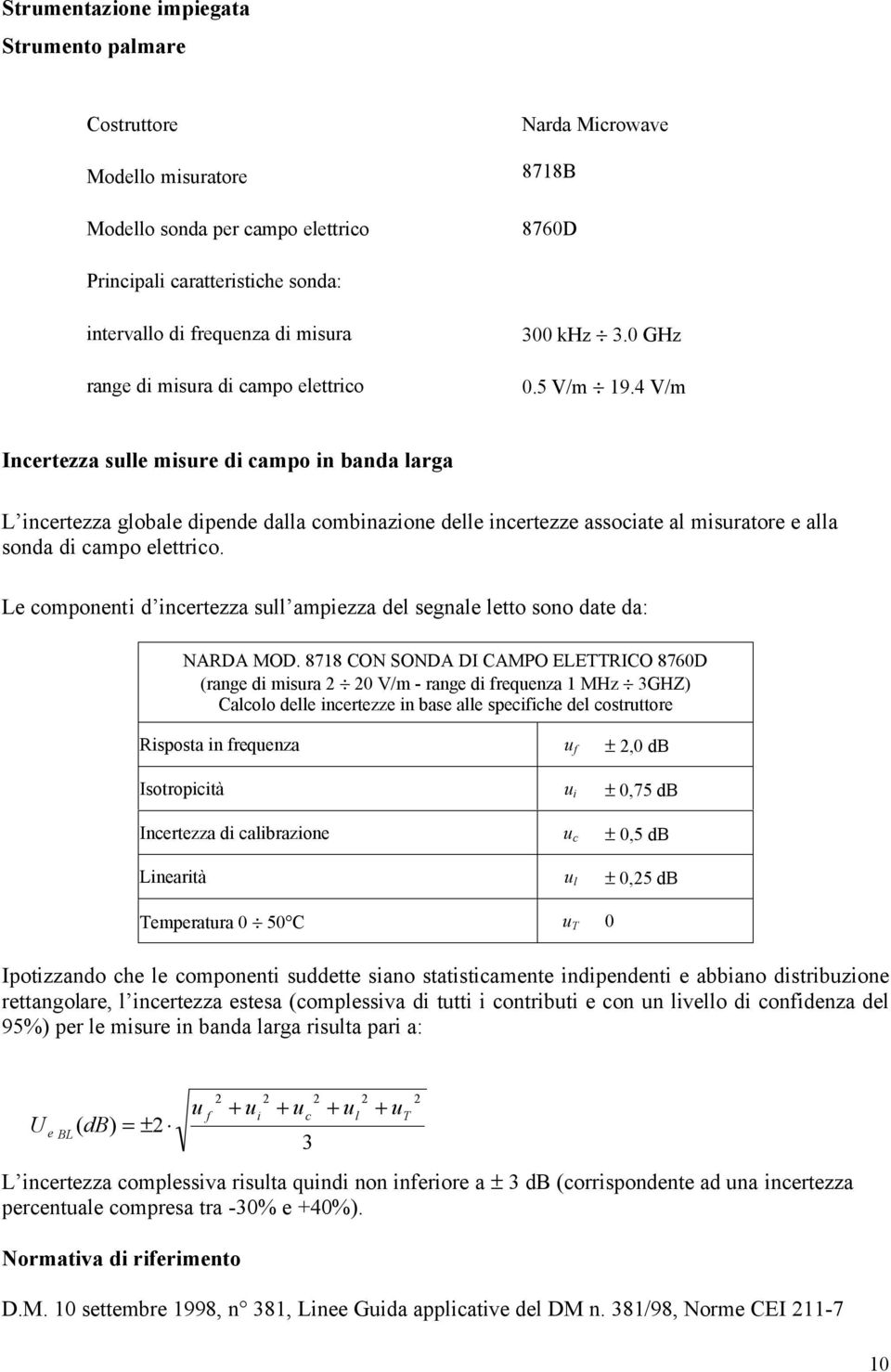 4 V/m Incertezza sulle misure di campo in banda larga L incertezza globale dipende dalla combinazione delle incertezze associate al misuratore e alla sonda di campo elettrico.