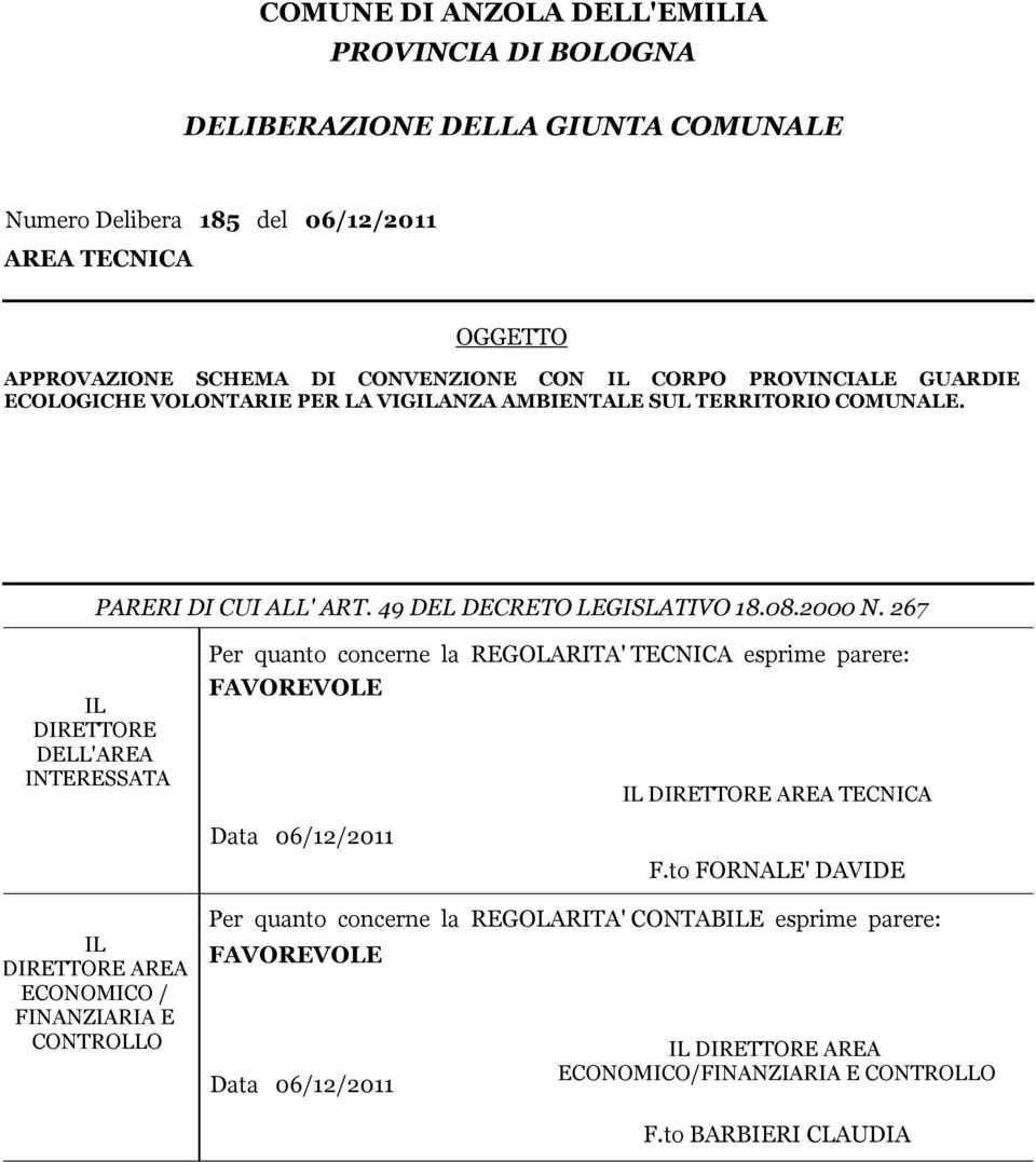 267 IL DIRETTORE DELL'AREA INTEREATA Per quanto concerne la REGOLARITA' TECNICA esprime parere: FAVOREVOLE IL DIRETTORE AREA TECNICA Data 06/12/2011 F.