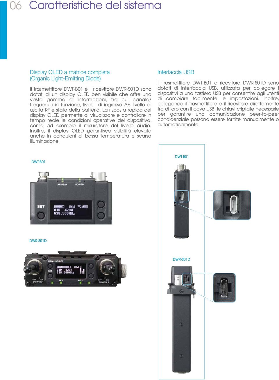 La risposta rapida del display OLED permette di visualizzare e controllare in tempo reale le condizioni operative del dispositivo, come ad esempio il misuratore del livello audio.