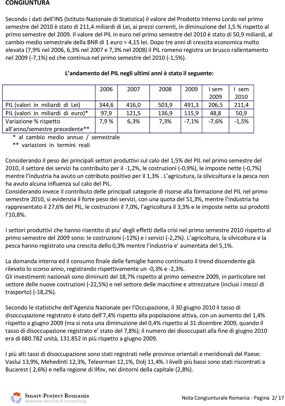 Dopo tre anni di crescita economica molto elevata (7,9% nel 2006, 6,3% nel 2007 e 7,3% nel 2008) il PIL romeno registra un brusco rallentamento nel (-7,1%) ed che continua nel primo semestre del