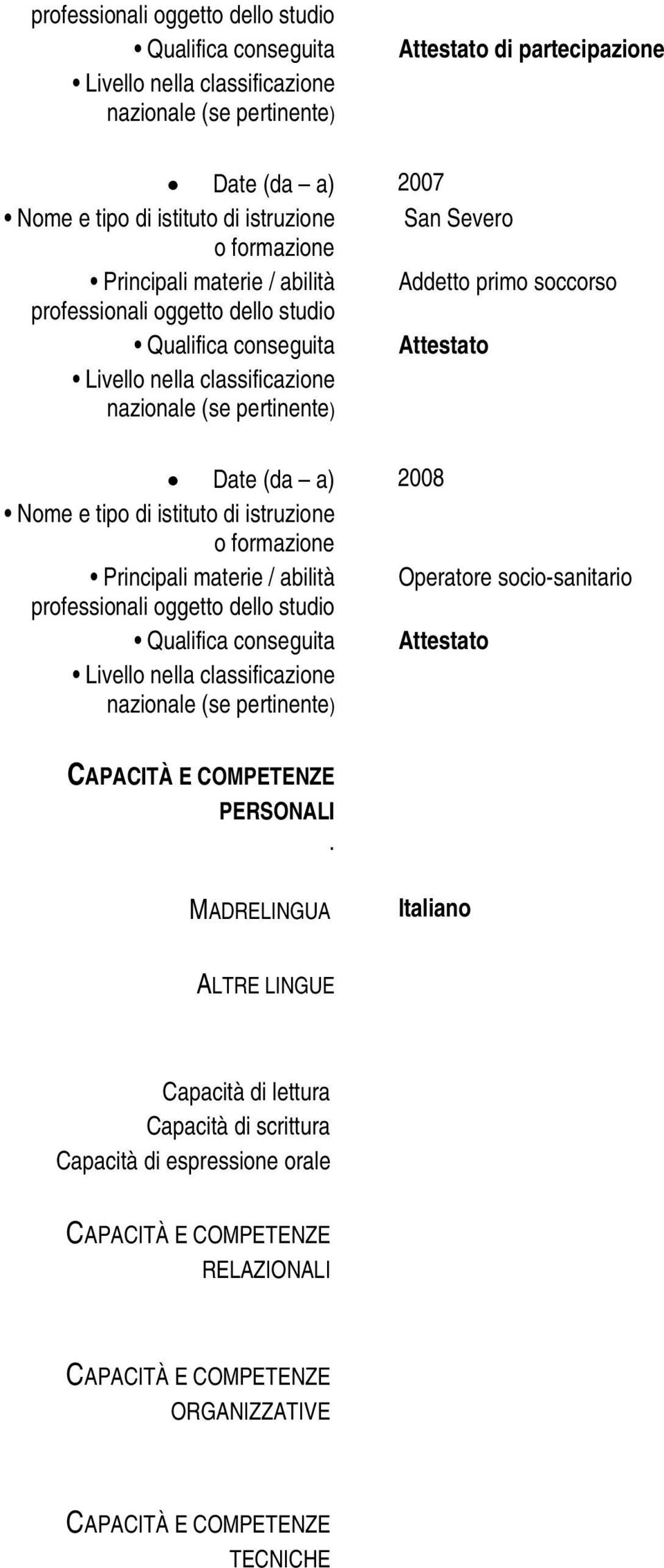 Qualifica conseguita Attestato CAPACITÀ E COMPETENZE PERSONALI.