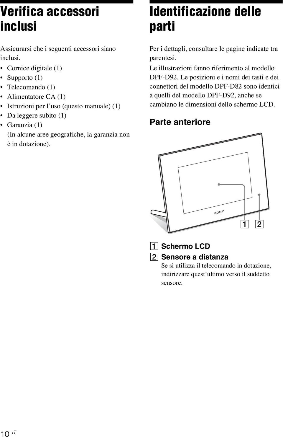 garanzia non è in dotazione). Identificazione delle parti Per i dettagli, consultare le pagine indicate tra parentesi. Le illustrazioni fanno riferimento al modello DPF-D92.