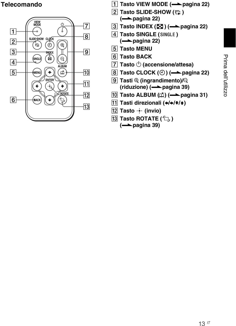 pagina 22) E Tasto MENU F Tasto BACK G Tasto 1 (accensione/attesa) H Tasto CLOCK ( ) (.