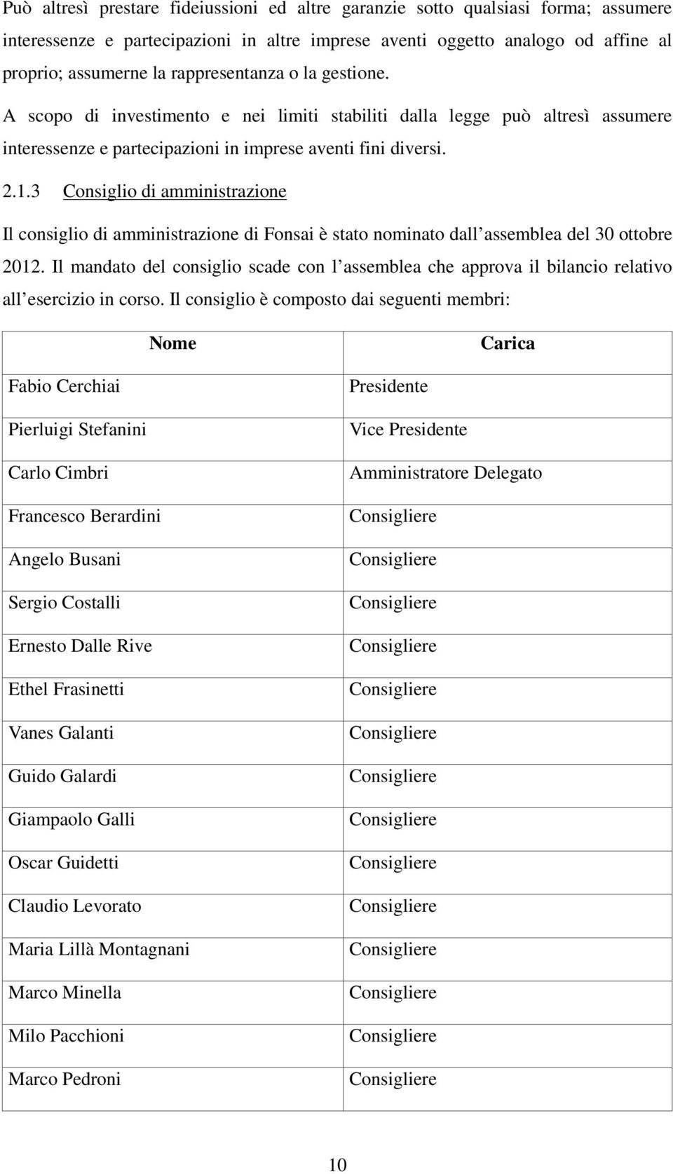 3 Consiglio di amministrazione Il consiglio di amministrazione di Fonsai è stato nominato dall assemblea del 30 ottobre 2012.