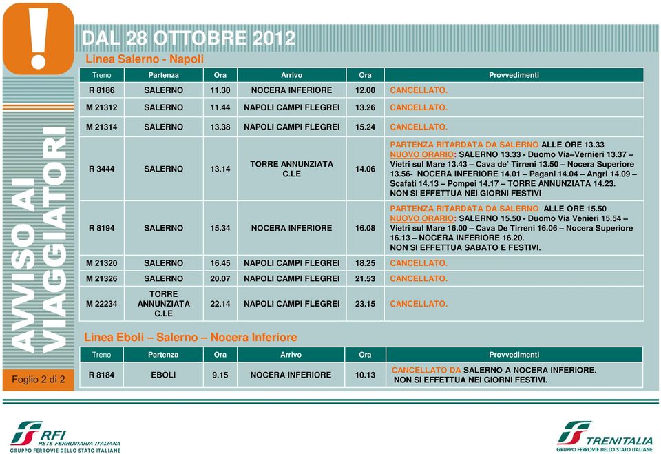 06 22.14 23.15 CANCELLATO. PARTENZA RITARDATA DA SALERNO ALLE ORE 13.33 NUOVO ORARIO: SALERNO 13.33 - Duomo Via Vernieri 13.37 Vietri sul Mare 13.43 Cava de Tirreni 13.50 Nocera Superiore 13.