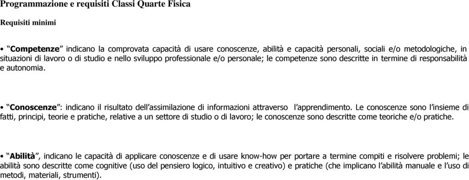 Conoscenze : indicano il risultato dell assimilazione di informazioni attraverso l apprendimento.