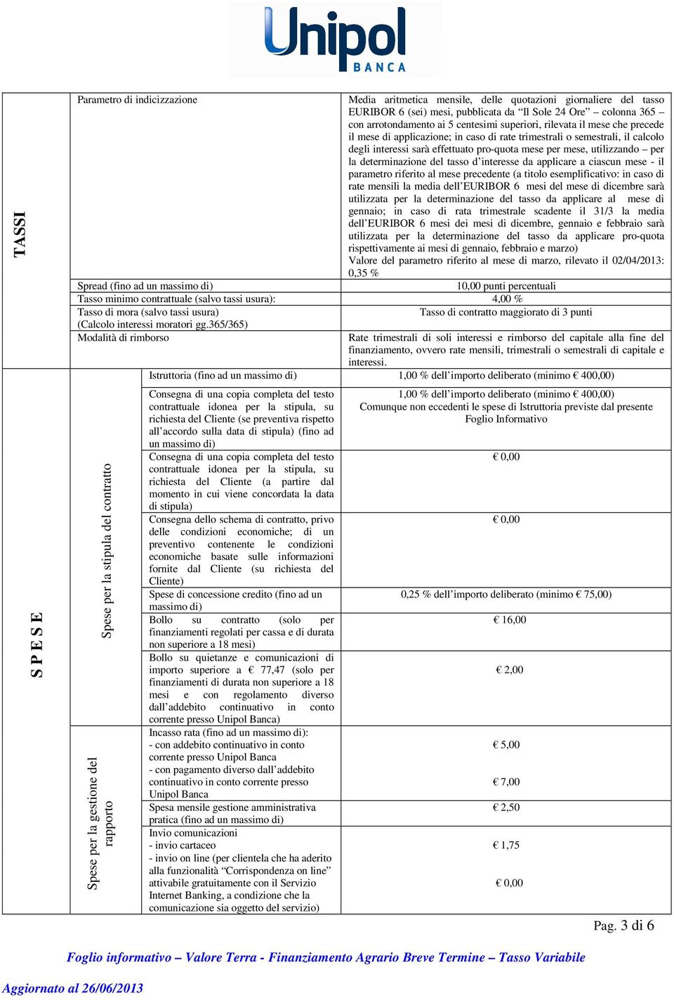 per la determinazione del tasso d interesse da applicare a ciascun mese - il parametro riferito al mese precedente (a titolo esemplificativo: in caso di rate mensili la media dell EURIBOR 6 mesi del