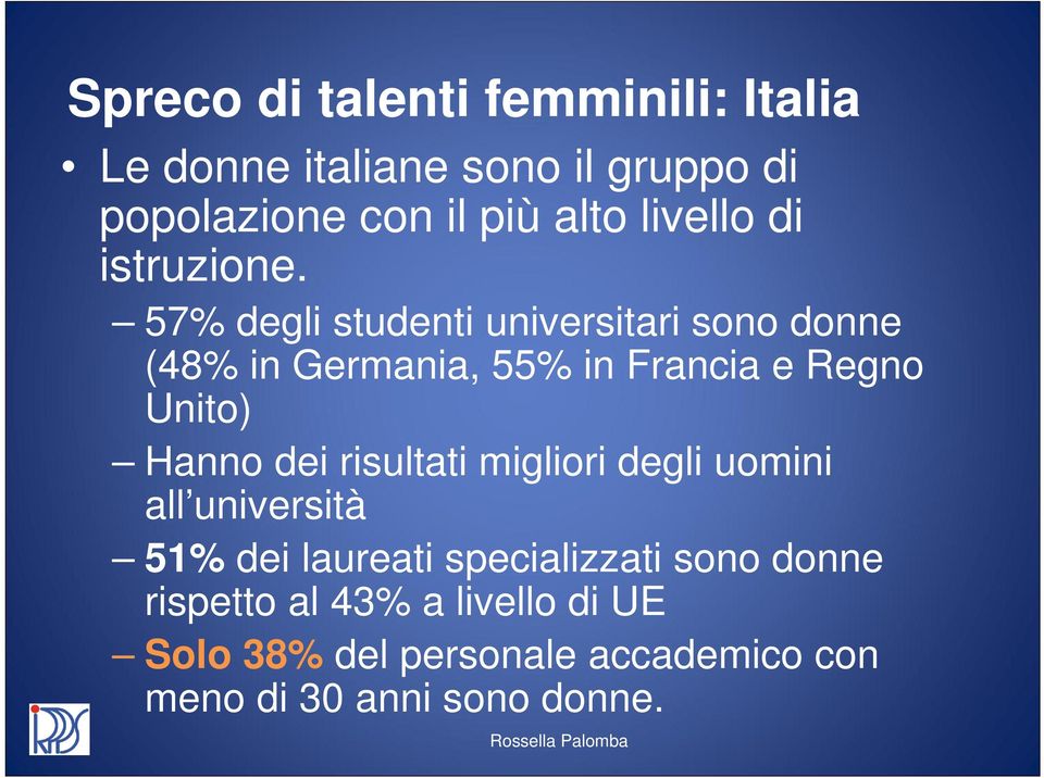 57% degli studenti universitari sono donne (48% in Germania, 55% in Francia e Regno Unito) Hanno dei