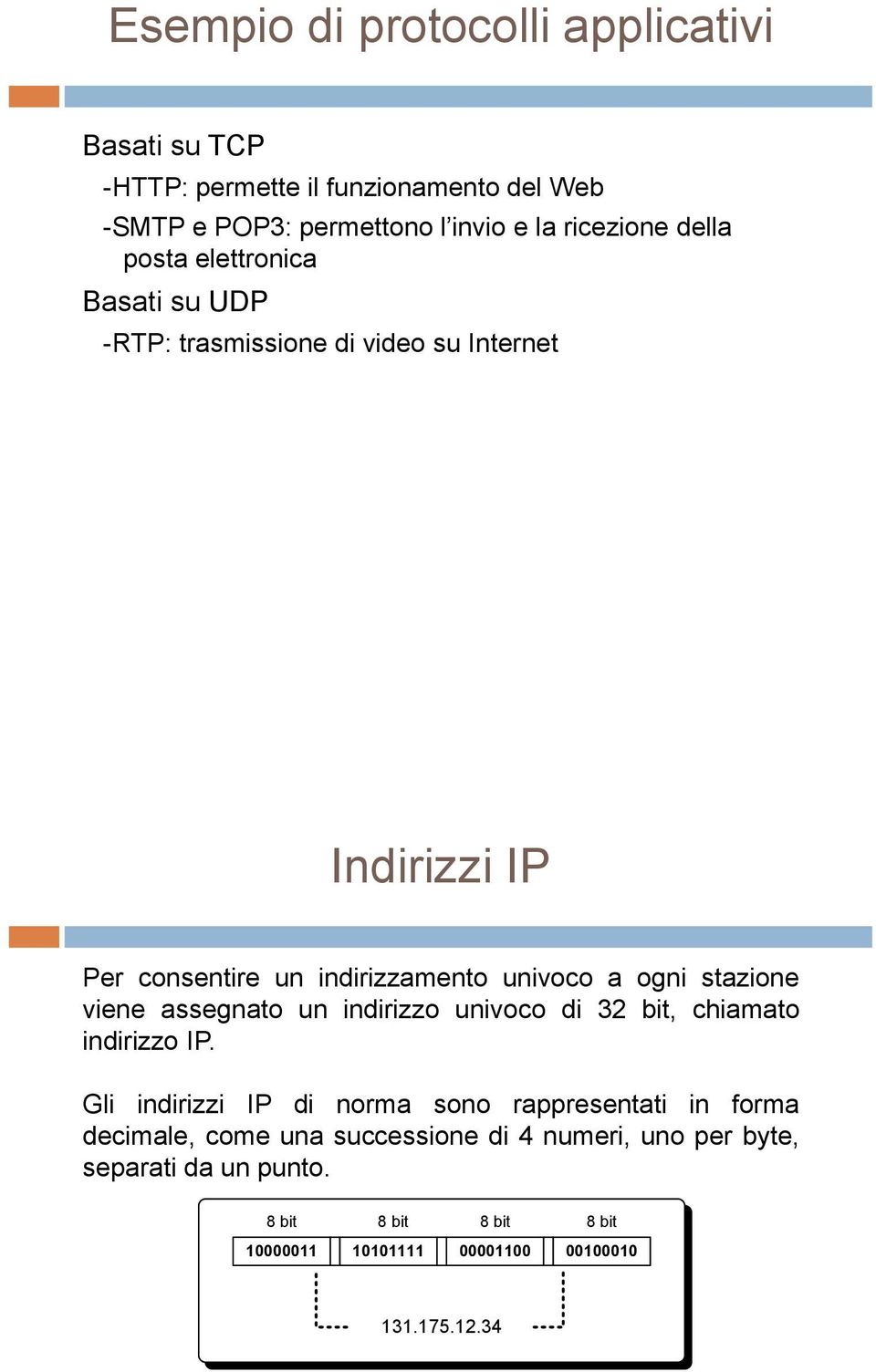 stazione viene assegnato un indirizzo univoco di 32 bit, chiamato indirizzo IP.