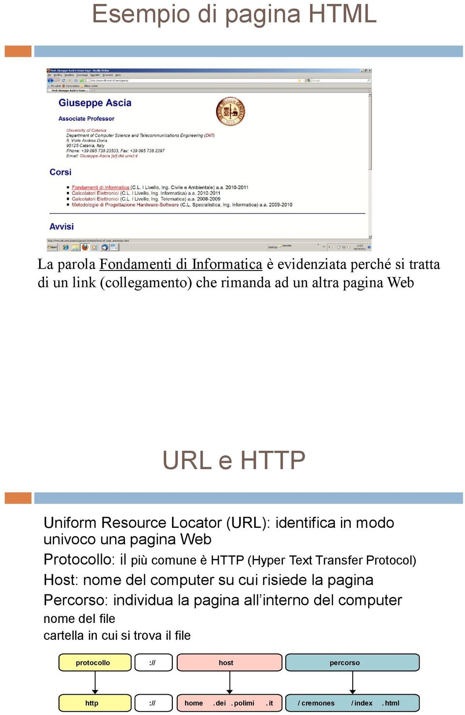 (Hyper Text Transfer Protocol) Host: nome del computer su cui risiede la pagina Percorso: individua la pagina all interno del computer