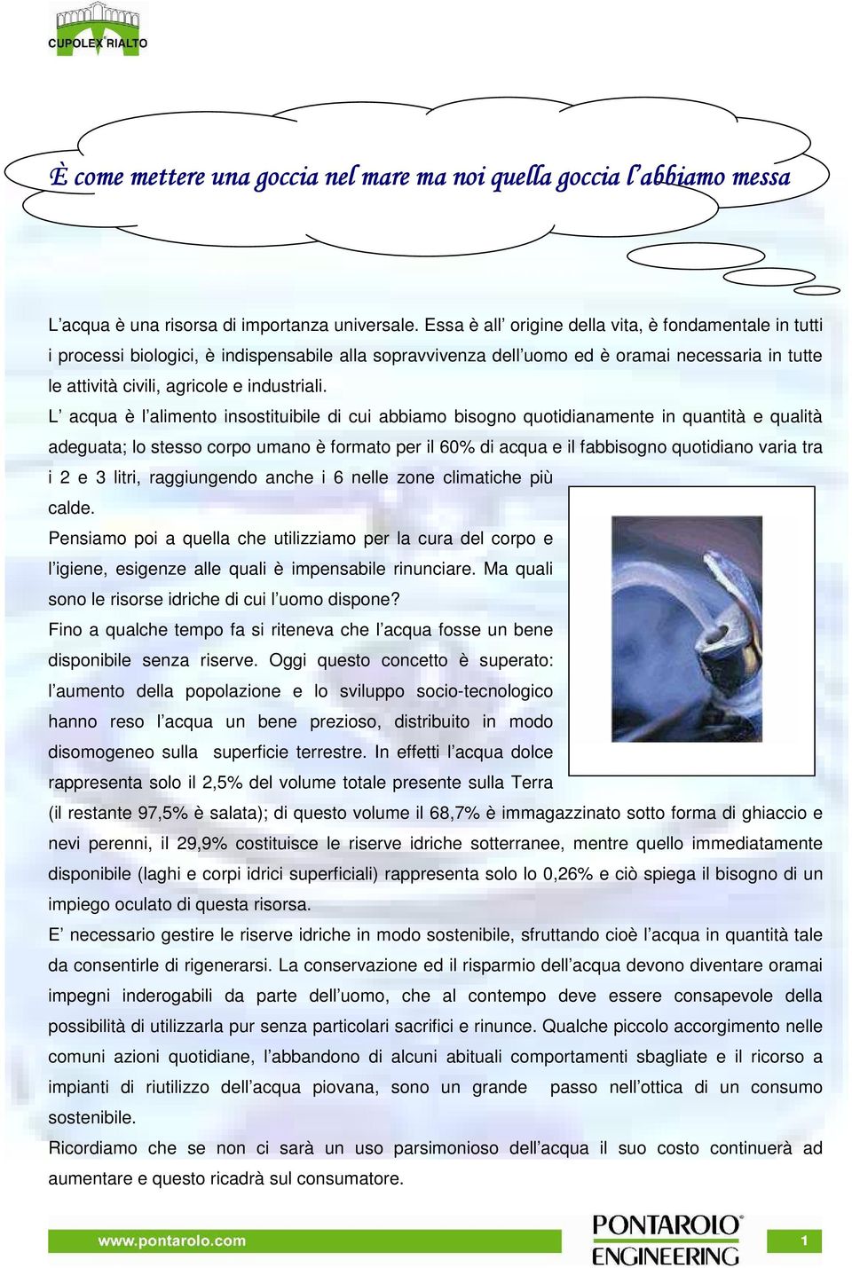 L acqua è l alimento insostituibile di cui abbiamo bisogno quotidianamente in quantità e qualità adeguata; lo stesso corpo umano è formato per il 60% di acqua e il fabbisogno quotidiano varia tra i 2