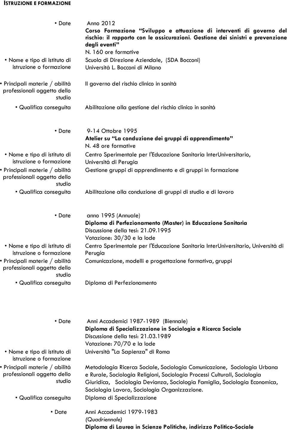 Bocconi di Milano Principali materie / abilità professionali oggetto dello studio Qualifica conseguita Il governo del rischio clinico in sanità Abilitazione alla gestione del rischio clinico in