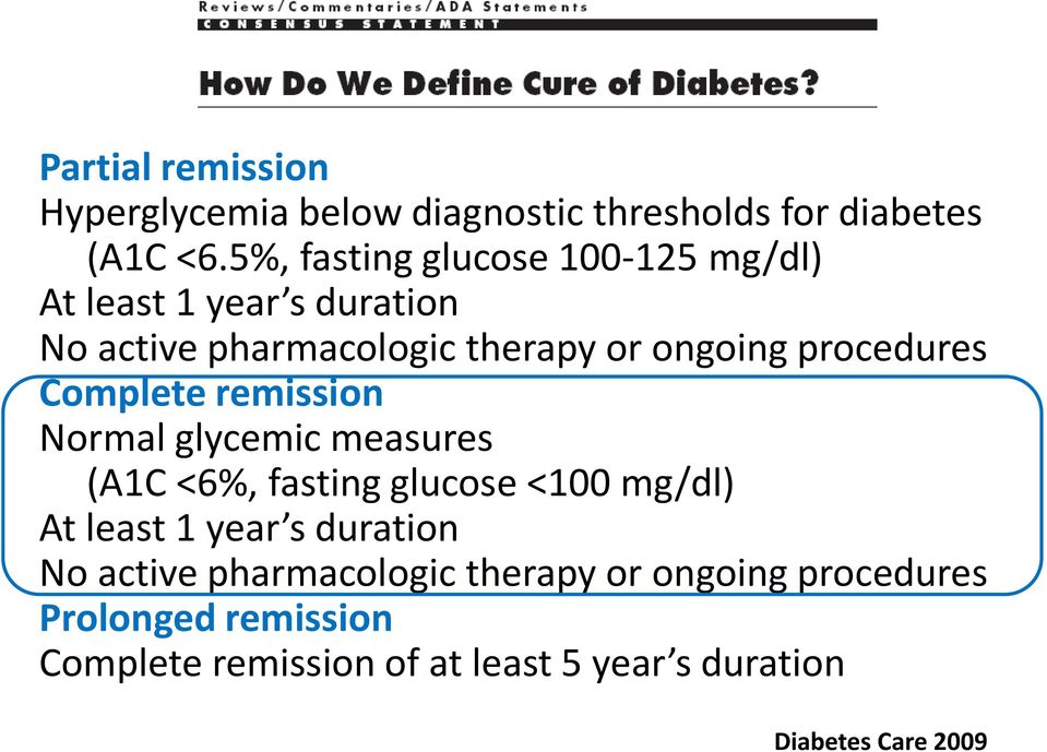 procedures Complete remission Normal glycemic measures (A1C <6%, fasting glucose <100 mg/dl) At least 1 year s