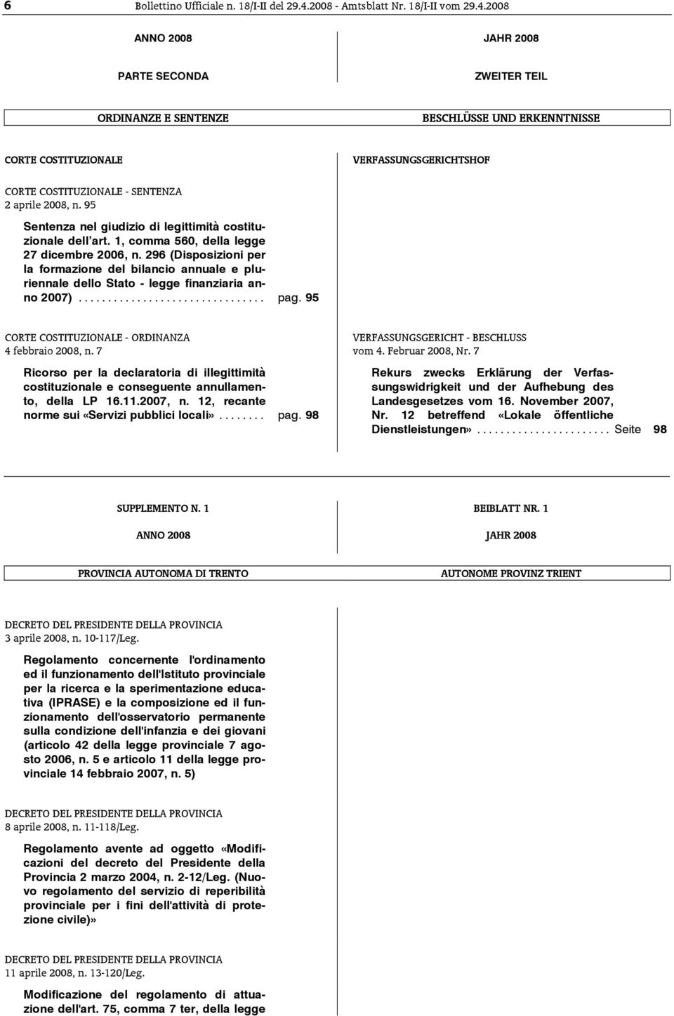 2008 ANNO 2008 JAHR 2008 PARTE SECONDA ZWEITER TEIL ORDINANZE E SENTENZE BESCHLÜSSE UND ERKENNTNISSE CORTE COSTITUZIONALE [BO18080152261 C220 B020 ] CORTE COSTITUZIONALE - SENTENZA 2 aprile 2008, n.