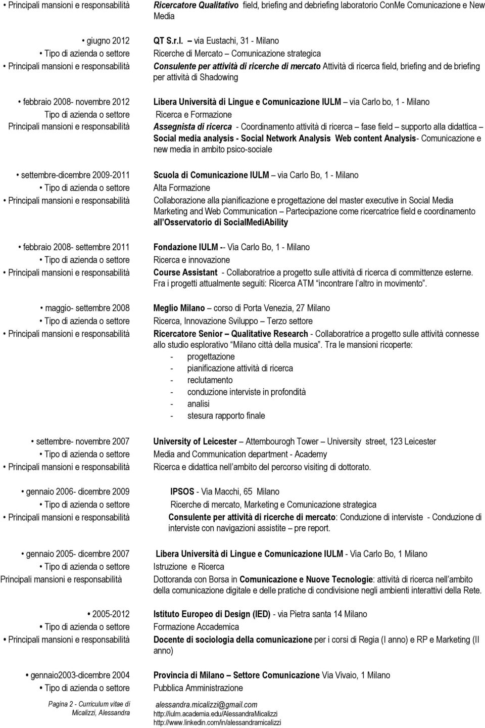 field, briefing and debriefing laboratorio ConMe Comunicazione e New Media QT Srl via Eustachi, 31 - Milano Ricerche di Mercato Comunicazione strategica Consulente per attività di ricerche di mercato