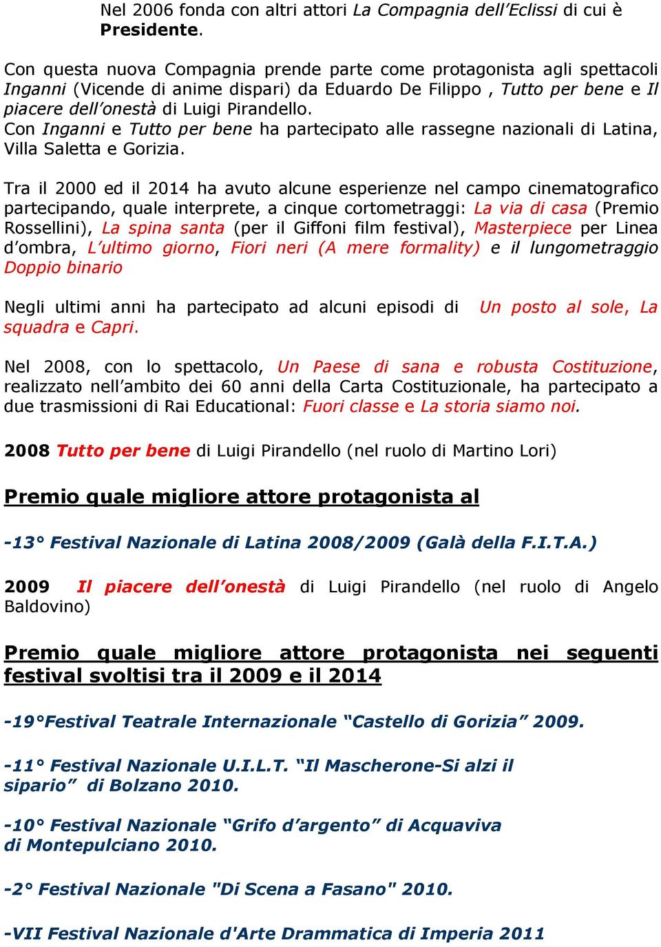 Con Inganni e Tutto per bene ha partecipato alle rassegne nazionali di Latina, Villa Saletta e Gorizia.