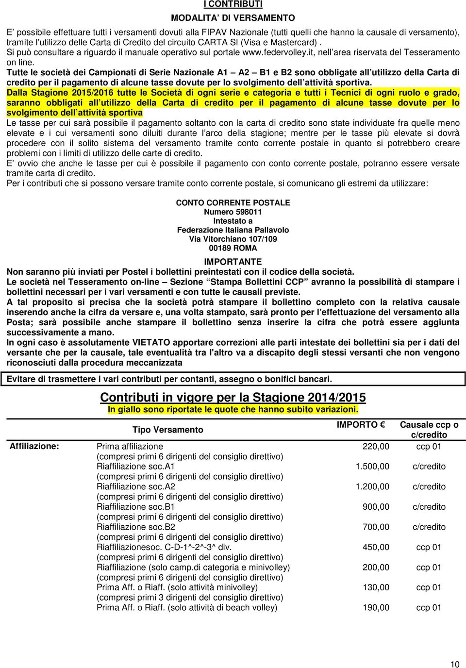 Tutte le società dei Campionati di Serie Nazionale A1 A2 B1 e B2 sono obbligate all utilizzo della Carta di credito per il pagamento di alcune tasse dovute per lo svolgimento dell attività sportiva.