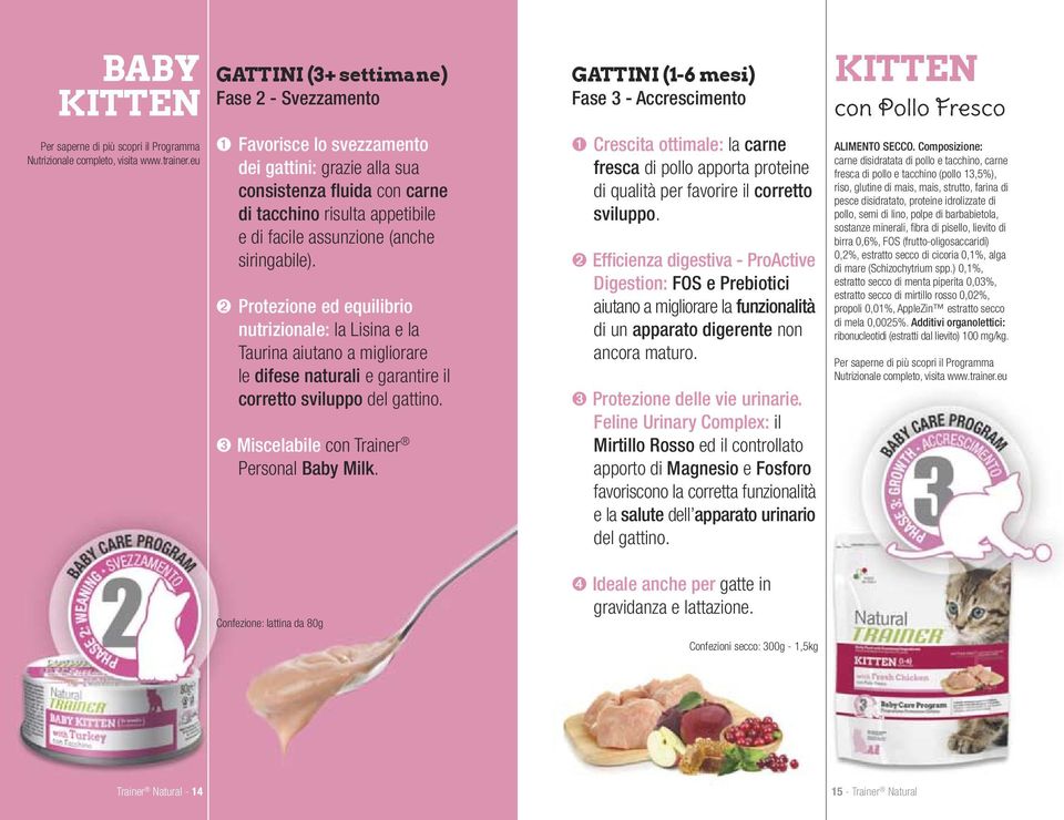 ➋ Protezione ed equilibrio nutrizionale: la Lisina e la Taurina aiutano a migliorare le difese naturali e garantire il corretto sviluppo del gattino. ➌ Miscelabile con Trainer Personal Baby Milk.