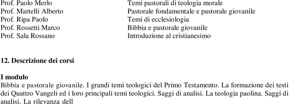 Descrizione dei corsi I modulo Bibbia e pastorale giovanile. I grandi temi teologici del Primo Testamento. La formazione dei testi dei Quattro Vangeli ed i loro principali temi teologici.