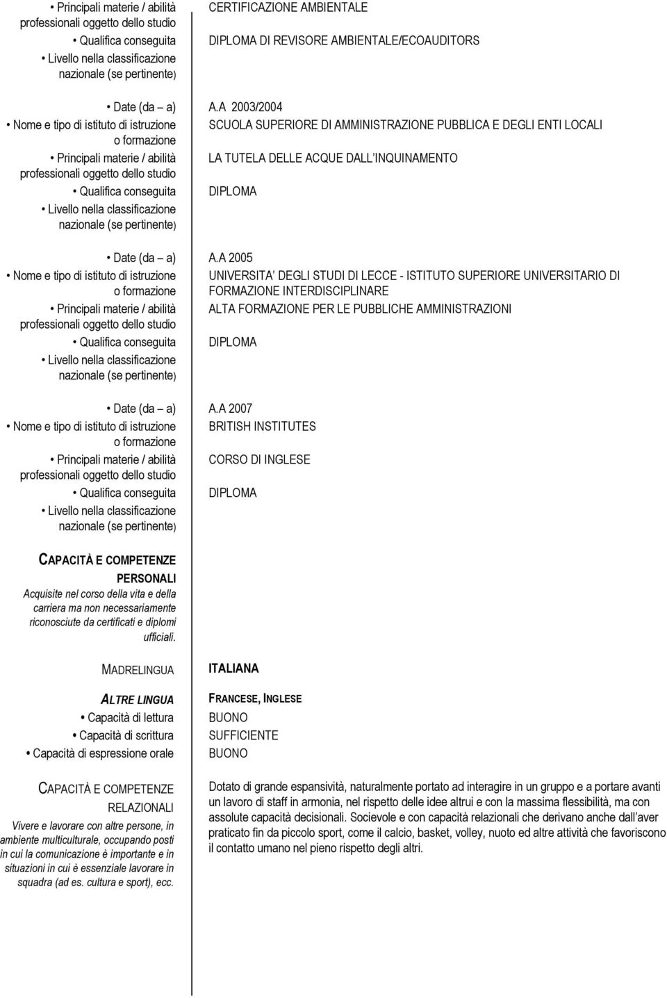 A 2005 Nome e tipo di istituto di istruzione UNIVERSITA DEGLI STUDI DI LECCE - ISTITUTO SUPERIORE UNIVERSITARIO DI FORMAZIONE INTERDISCIPLINARE Principali materie / abilità ALTA FORMAZIONE PER LE