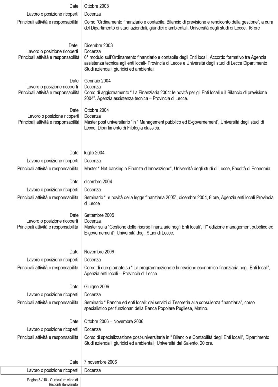 Accordo formativo tra Agenzia assistenza tecnica agli enti locali- Provincia di Lecce e Università degli studi di Lecce Dipartimento Studi aziendali, giuridici ed ambientali.