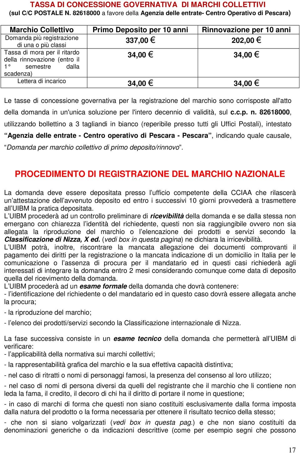 di mora per il ritardo della rinnovazione (entro il 1 semestre dalla scadenza) 337,00 202,00 34,00 34,00 Lettera di incarico 34,00 34,00 Le tasse di concessione governativa per la registrazione del