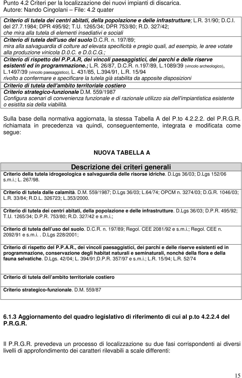 R, dei vincoli paesaggistici, dei parchi e delle riserve esistenti ed in programmazione.; L.R. 26/87, D.C.R. n.197/89, L.1089/39 (vincolo archeologico), L.1497/39 (vincolo paesaggistico), L.