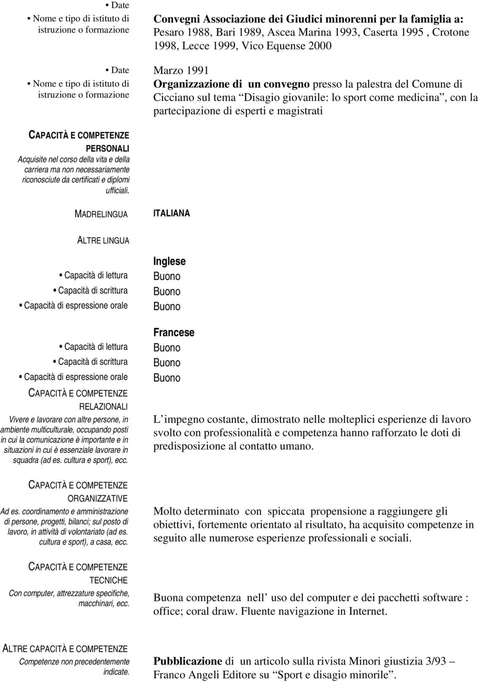 di esperti e magistrati CAPACITÀ E COMPETENZE PERSONALI Acquisite nel corso della vita e della carriera ma non necessariamente riconosciute da certificati e diplomi ufficiali.