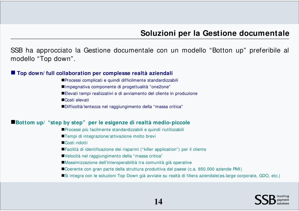 avviamento del cliente in produzione Costi elevati Difficoltà/lentezza nel raggiungimento della massa critica Bottom up/ step by step per le esigenze di realtà medio-piccole Processi più facilmente