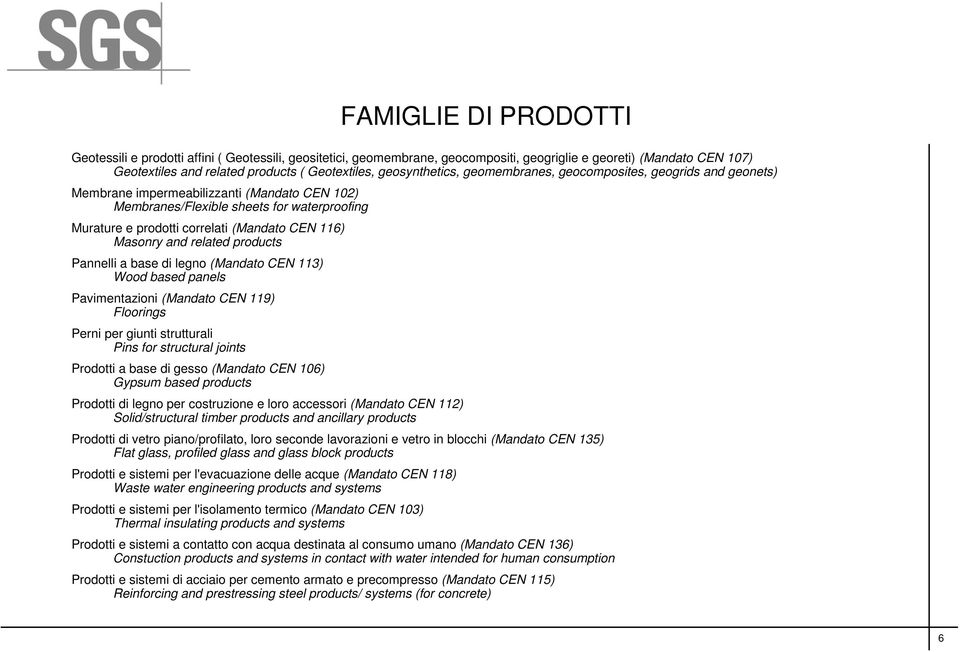 116) Masonry and related products Pannelli a base di legno (Mandato CEN 113) Wood based panels Pavimentazioni (Mandato CEN 119) Floorings Perni per giunti strutturali Pins for structural joints