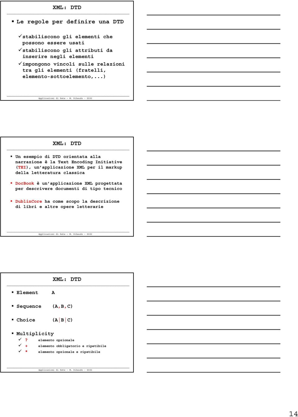 ..) XML: DTD Un esempio di DTD orientata alla narrazione è la Text Encoding Initiative (TEI), un applicazione XML per il markup della letteratura classica DocBook è un