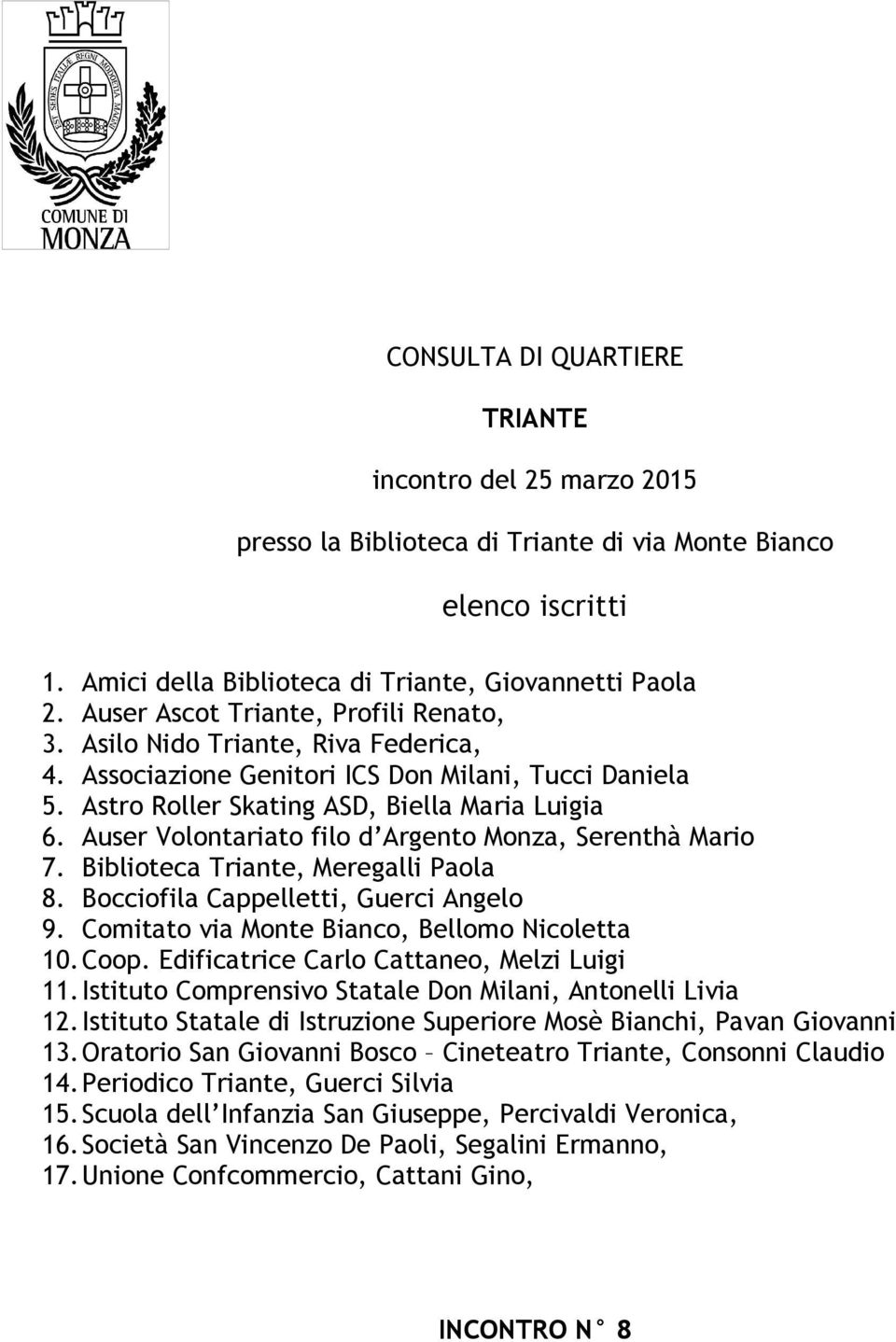 Auser Volontariato filo d Argento Monza, Serenthà Mario 7. Biblioteca Triante, Meregalli Paola 8. Bocciofila Cappelletti, Guerci Angelo 9. Comitato via Monte Bianco, Bellomo Nicoletta 10. Coop.