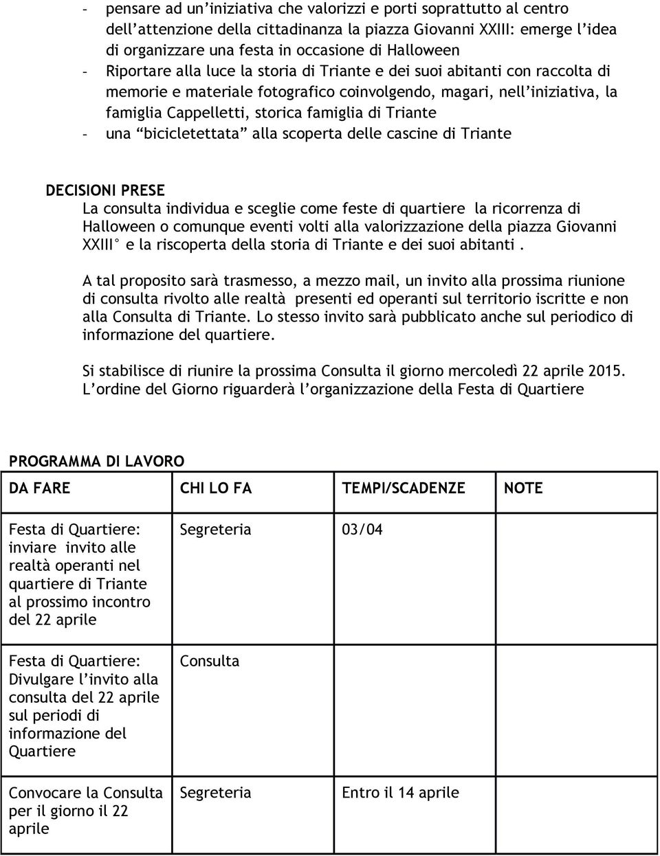 Triante - una bicicletettata alla scoperta delle cascine di Triante DECISIONI PRESE La consulta individua e sceglie come feste di quartiere la ricorrenza di Halloween o comunque eventi volti alla