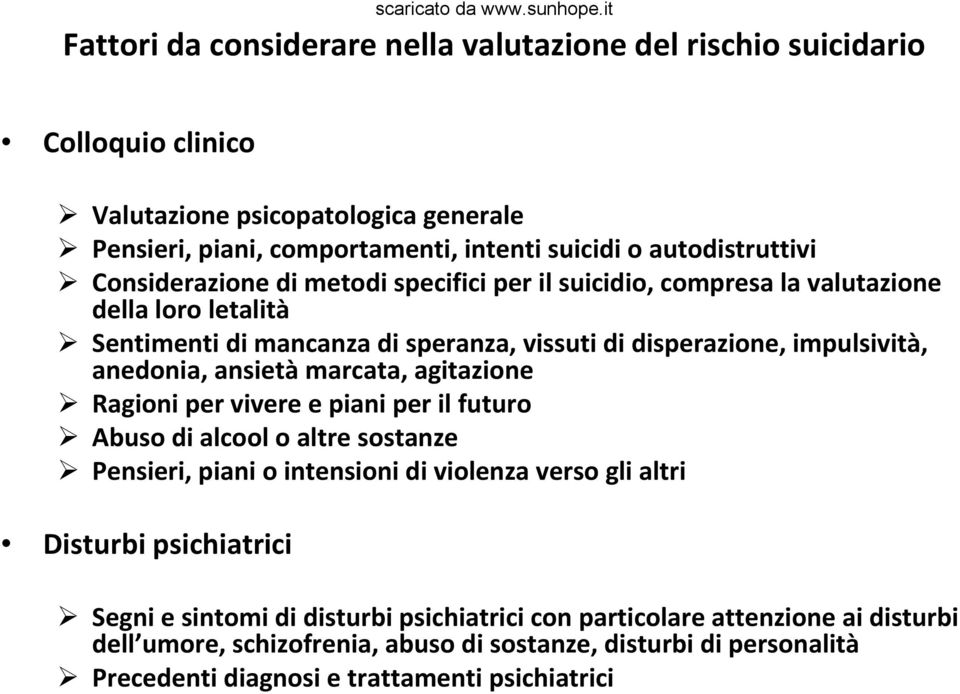 ansietà marcata, agitazione Ragioni per vivere e piani per il futuro Abuso di alcool o altre sostanze Pensieri, piani o intensioni di violenza verso gli altri Disturbi psichiatrici