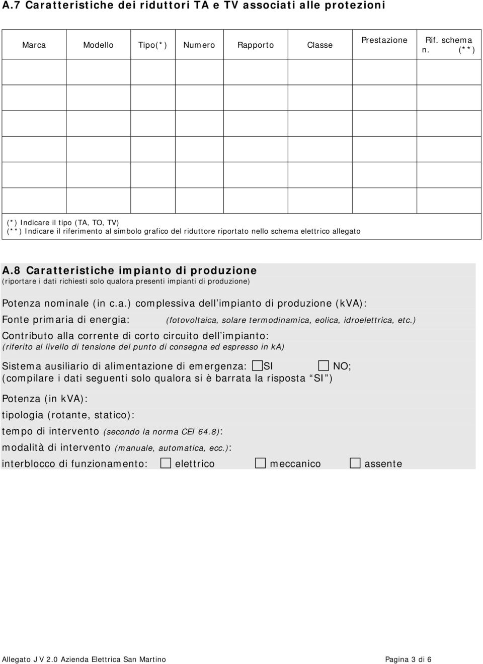 8 Caratteristiche impianto di produzione (riportare i dati richiesti solo qualora presenti impianti di produzione) Potenza (in c.a.) complessiva dell impianto di produzione (kva): Fonte primaria di