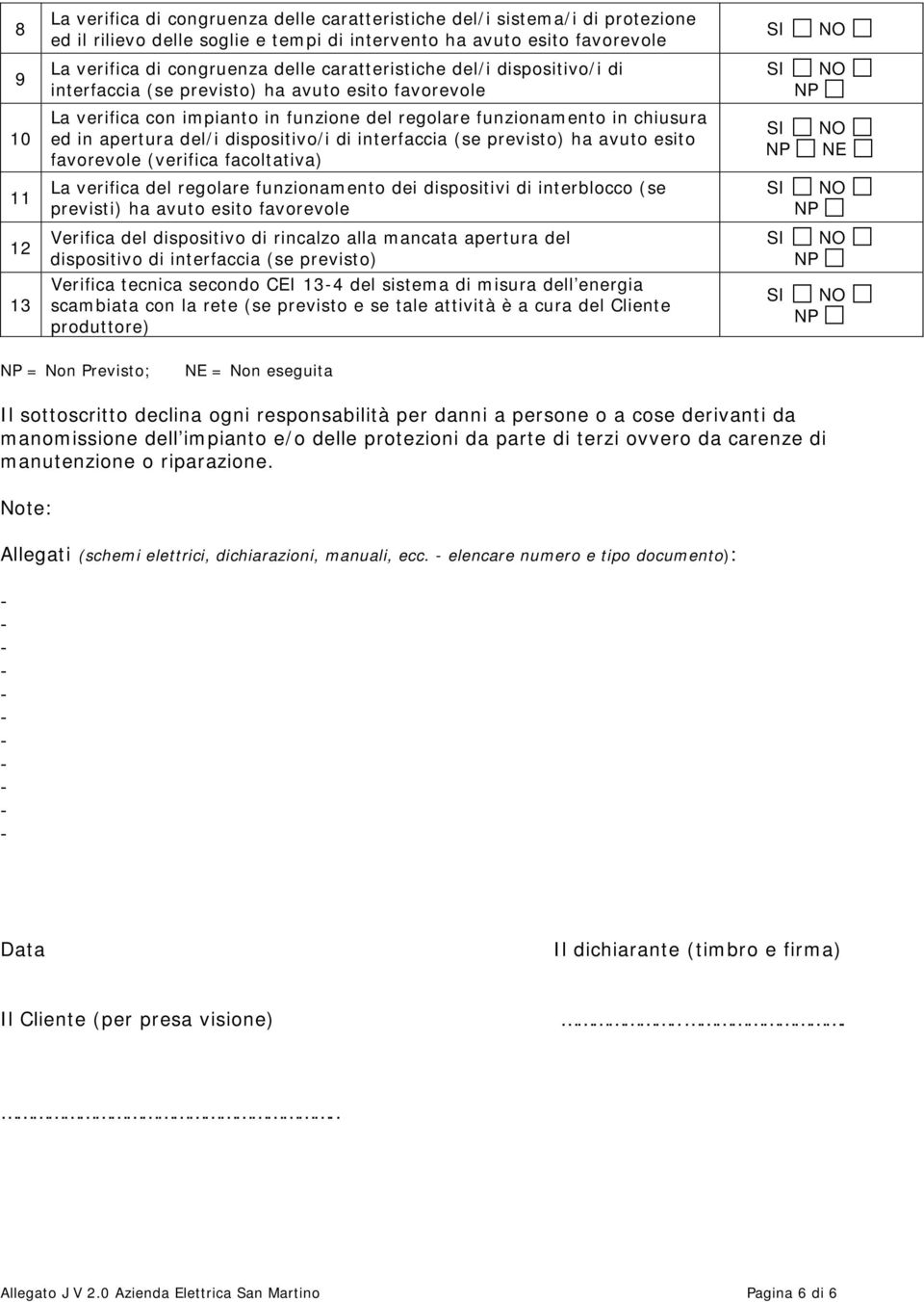 dispositivo/i di interfaccia (se previsto) ha avuto esito favorevole (verifica facoltativa) La verifica del regolare funzionamento dei dispositivi di interblocco (se previsti) ha avuto esito