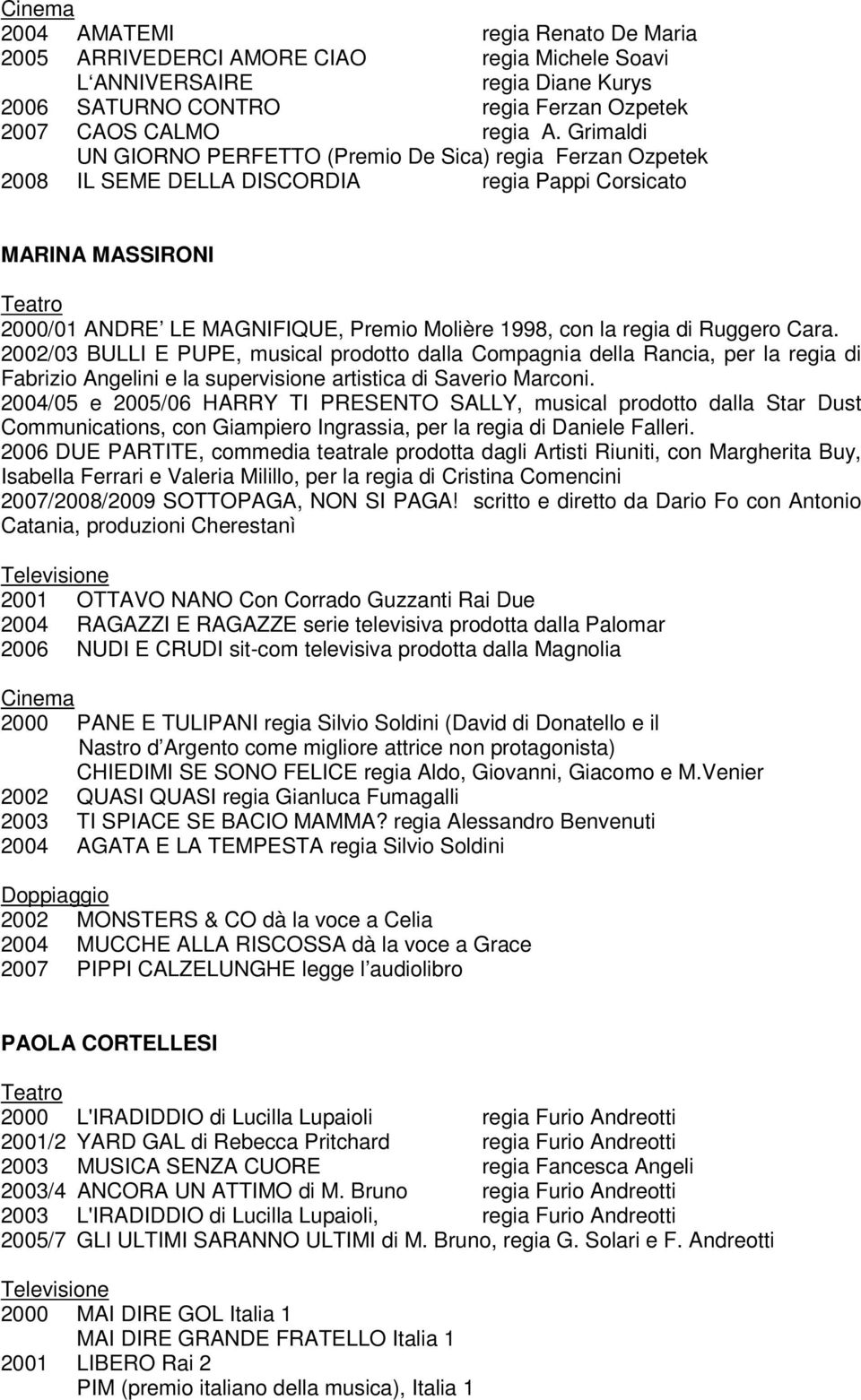 regia di Ruggero Cara. 2002/03 BULLI E PUPE, musical prodotto dalla Compagnia della Rancia, per la regia di Fabrizio Angelini e la supervisione artistica di Saverio Marconi.