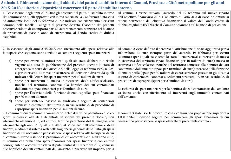 Per ciascuno degli anni 2015-2018 gli obiettivi del patto di stabilità interno dei comuni sono quelli approvati con intesa sancita nella Conferenza Stato-città ed autonomie locali del 19 febbraio