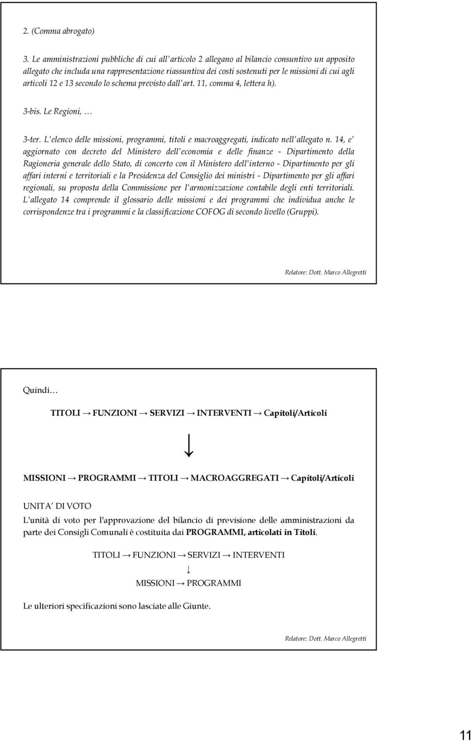 articoli 12 e 13 secondo lo schema previsto dall'art. 11, comma 4, lettera h). 3-bis. Le Regioni, 3-ter. L'elenco delle missioni, programmi, titoli e macroaggregati, indicato nell'allegato n.