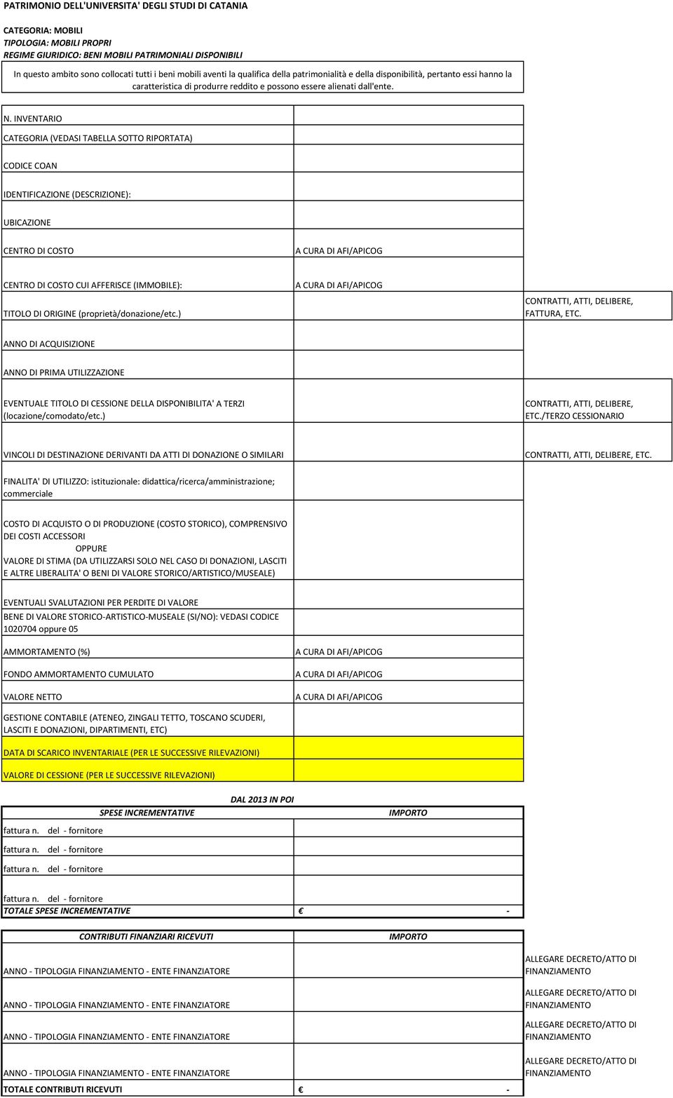 INVENTARIO CATEGORIA (VEDASI TABELLA SOTTO RIPORTATA) CODICE COAN IDENTIFICAZIONE (DESCRIZIONE): UBICAZIONE CENTRO DI COSTO CENTRO DI COSTO CUI AFFERISCE (IMMOBILE): TITOLO DI ORIGINE