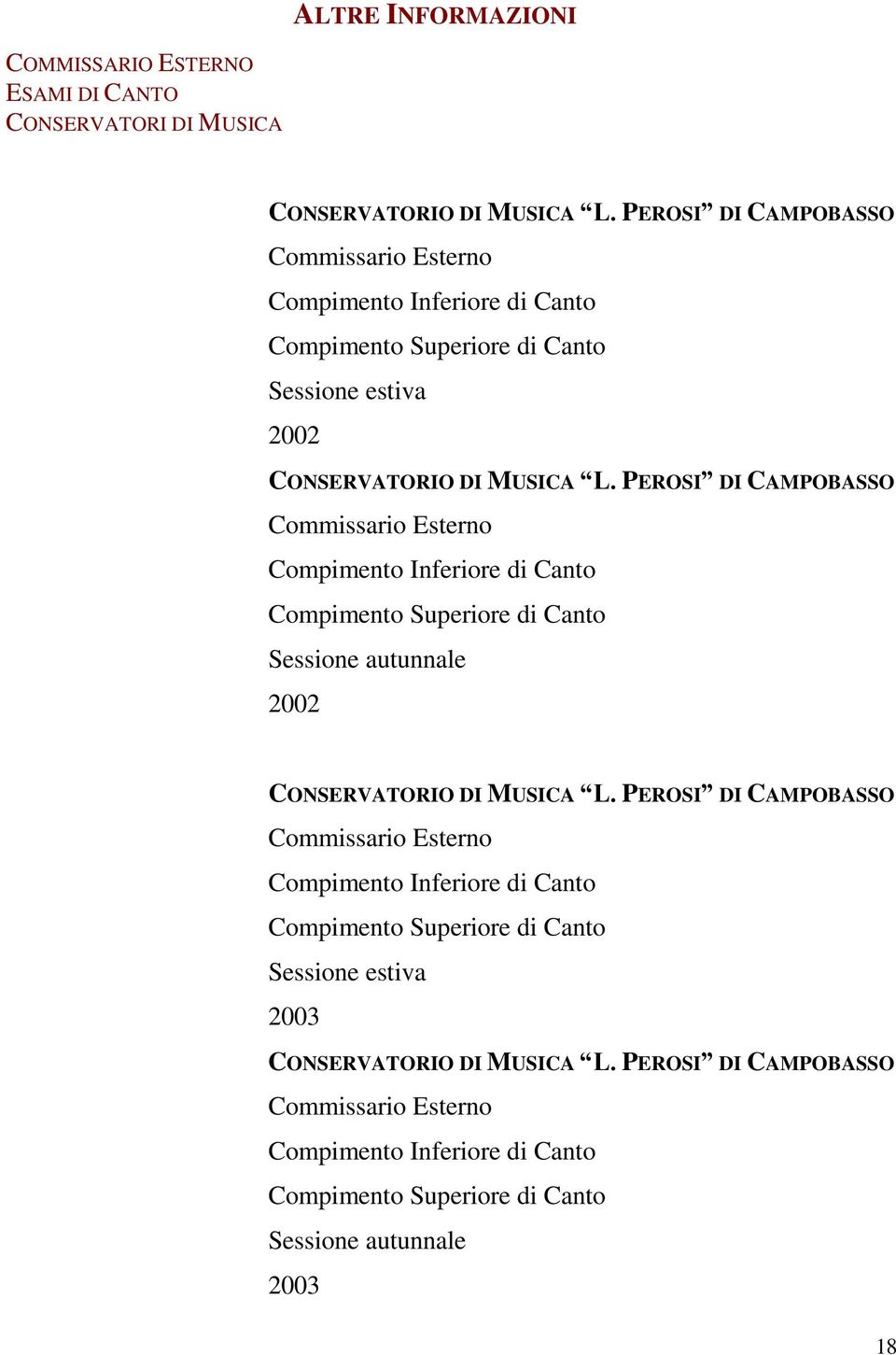 PEROSI DI CAMPOBASSO Commissario Esterno Compimento Inferiore di Canto Compimento Superiore di Canto Sessione autunnale 2002 CONSERVATORIO DI MUSICA L.