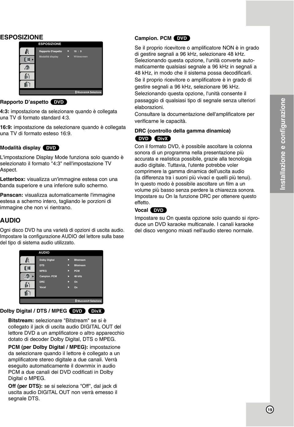 Modalità display DVD L'impostazione Display Mode funziona solo quando è selezionato il formato "4:3" nell'impostazione TV Aspect.