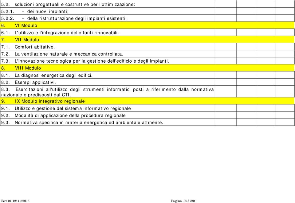 8.2. Esempi applicativi. 8.3. Esercitazioni all'utilizzo degli strumenti informatici posti a riferimento dalla normativa nazionale e predisposti dal CTI. 9. IX Modulo integrativo regionale 9.1.