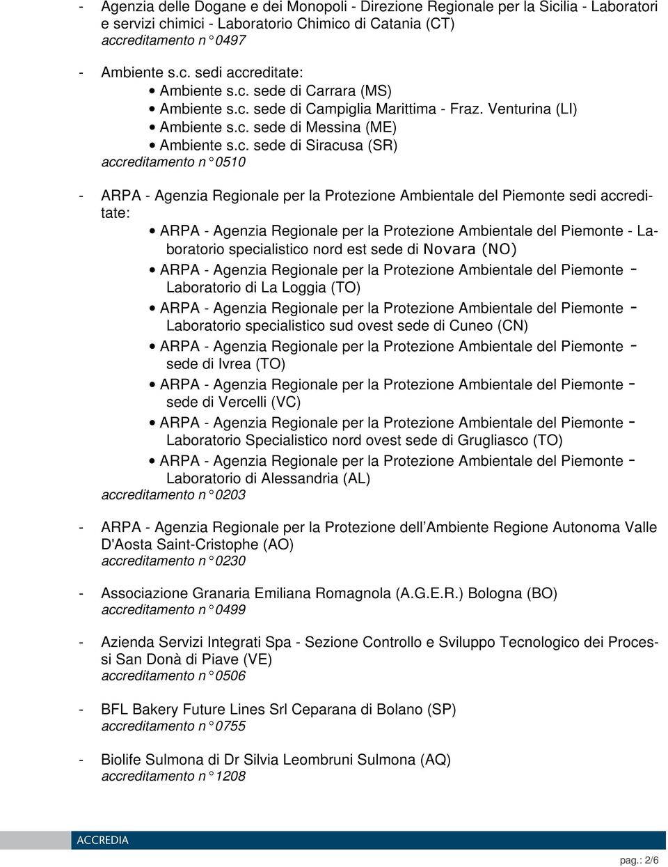 Regionale per la Protezione Ambientale del Piemonte sedi accreditate: Laboratorio specialistico nord est sede di Novara (NO) Laboratorio di La Loggia (TO) Laboratorio specialistico sud ovest sede di