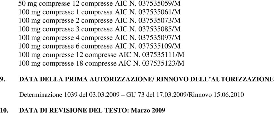 037535097/M 100 mg compresse 6 compresse AIC N. 037535109/M 100 mg compresse 12 compresse AIC N.
