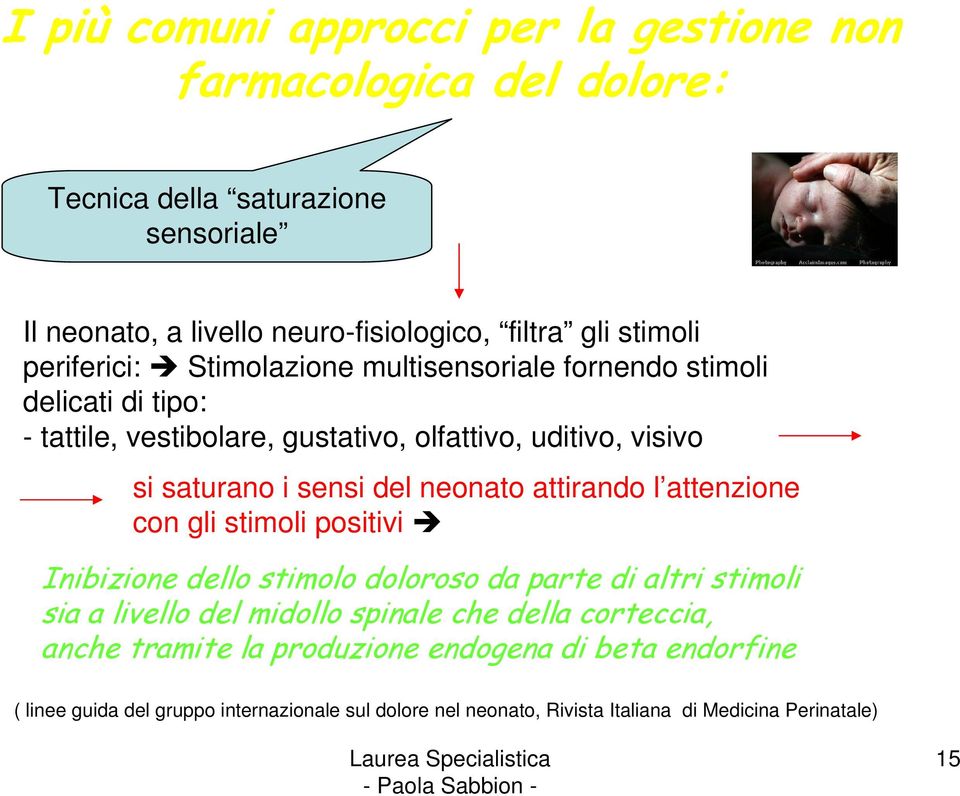 neonato attirando l attenzione con gli stimoli positivi Inibizione dello stimolo doloroso da parte di altri stimoli sia a livello del midollo spinale che della