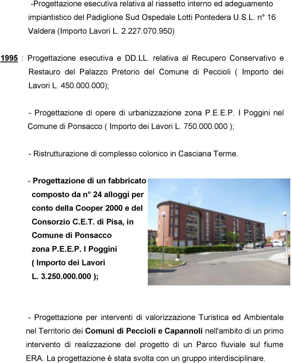 000); - Progettazione di opere di urbanizzazione zona P.E.E.P. I Poggini nel Comune di Ponsacco ( Importo dei Lavori L. 750.000.000 ); - Ristrutturazione di complesso colonico in Casciana Terme.