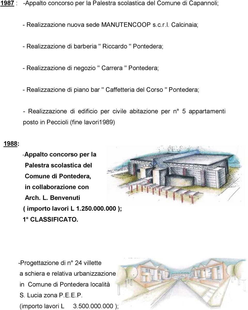 Palestra scolastica del Comune di Capannoli; - Realizzazione nuova sede MANUTENCOOP s.c.r.l. Calcinaia; - Realizzazione di barberia " Riccardo " Pontedera; - Realizzazione di negozio "
