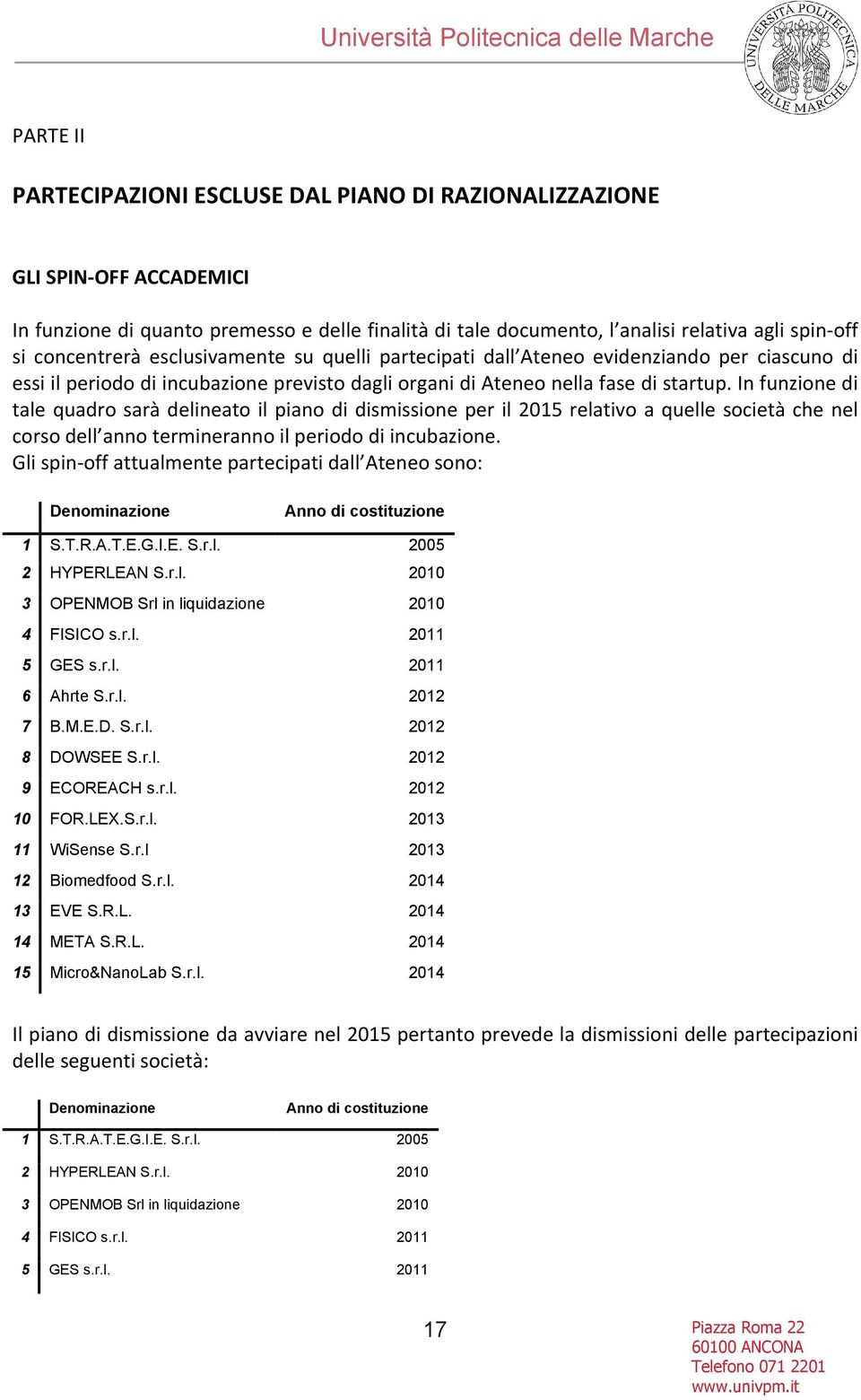 In funzione di tale quadro sarà delineato il piano di dismissione per il 2015 relativo a quelle società che nel corso dell anno termineranno il periodo di incubazione.