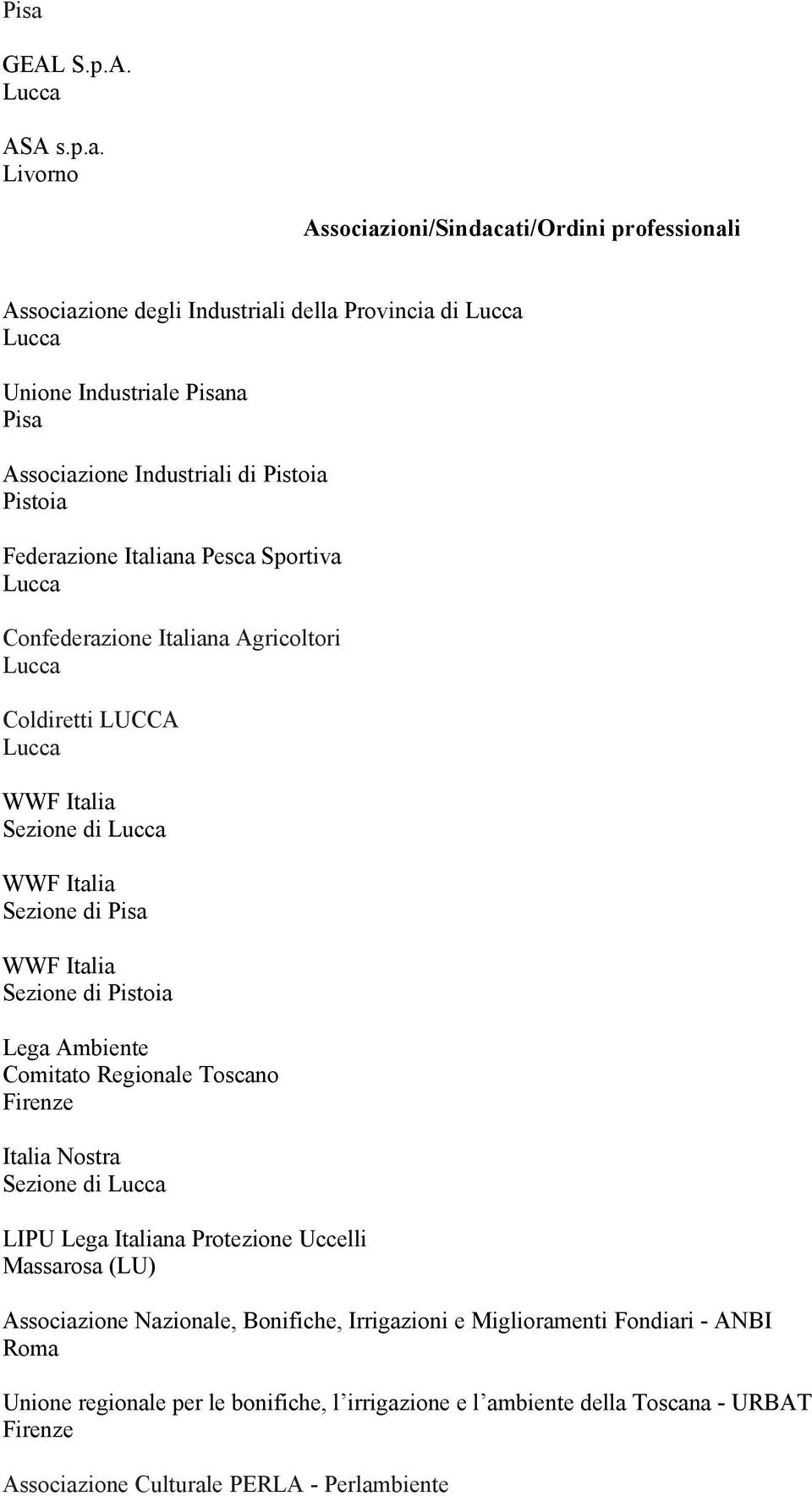 Italiana Pesca Sportiva Confederazione Italiana Agricoltori Coldiretti LUCCA WWF Italia Sezione di WWF Italia Sezione di WWF Italia Sezione di Lega Ambiente